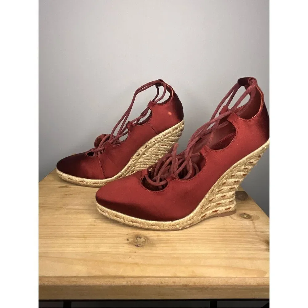 Tory Burch‎ Women's High Heels Wedge Espadrilles Pompoms Satin Merlot Shoes 5.5